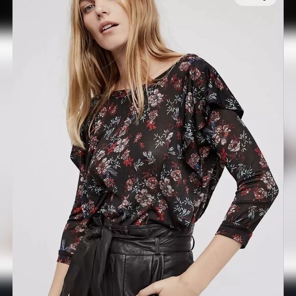 Free People Dock Street Top Blouse Shirt Black Size Floral Size Small 3/4 Sleeve - Picture 1 of 12